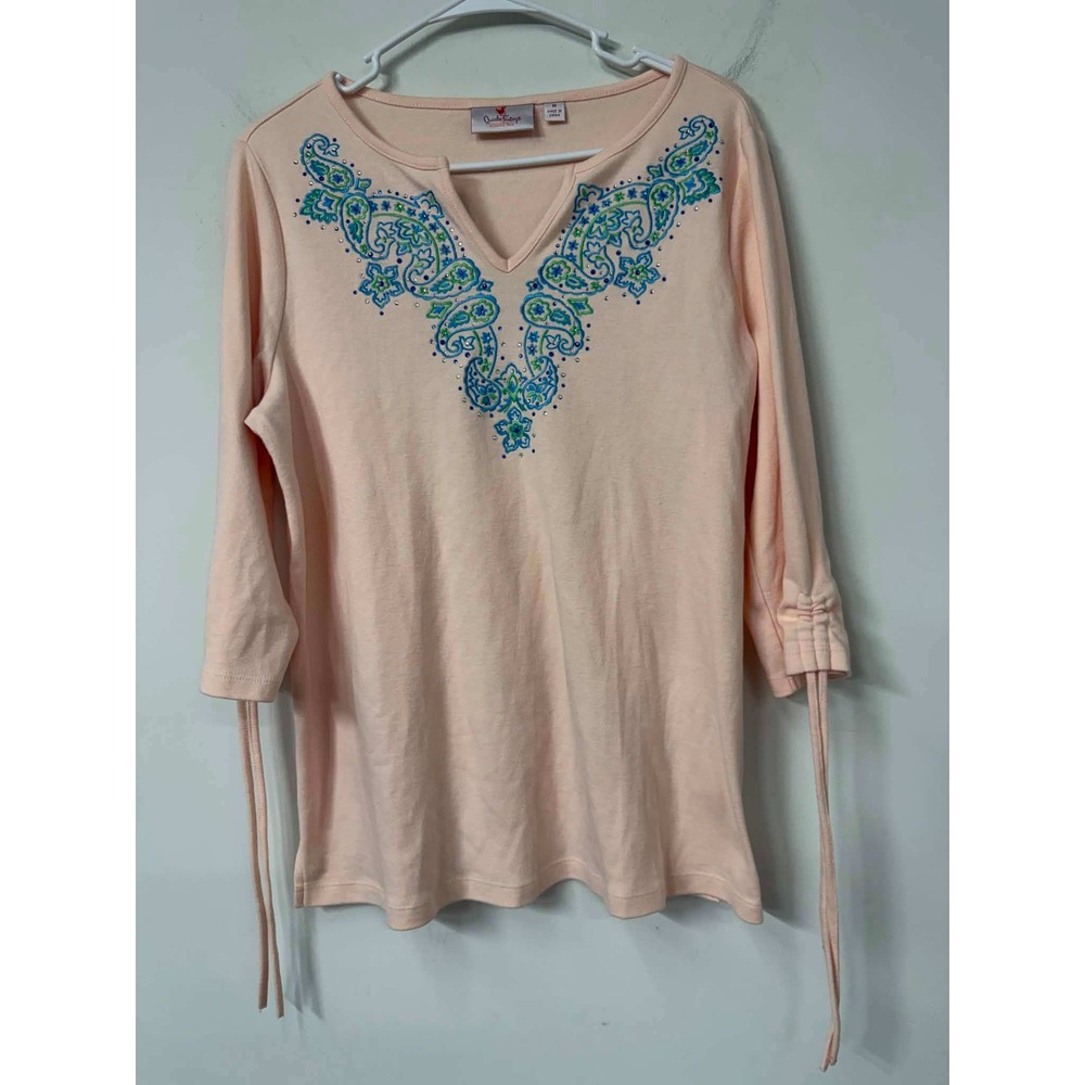 Quacker Factory Medium Peach‎ Teal Paisley Rhinestone Split Neck 3/4 Sleeve Top